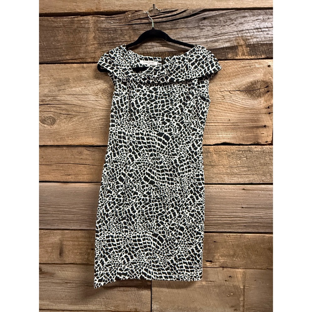 Evan-Picone Black White Animal Print Cowl Neck Sheath Dress Size 6